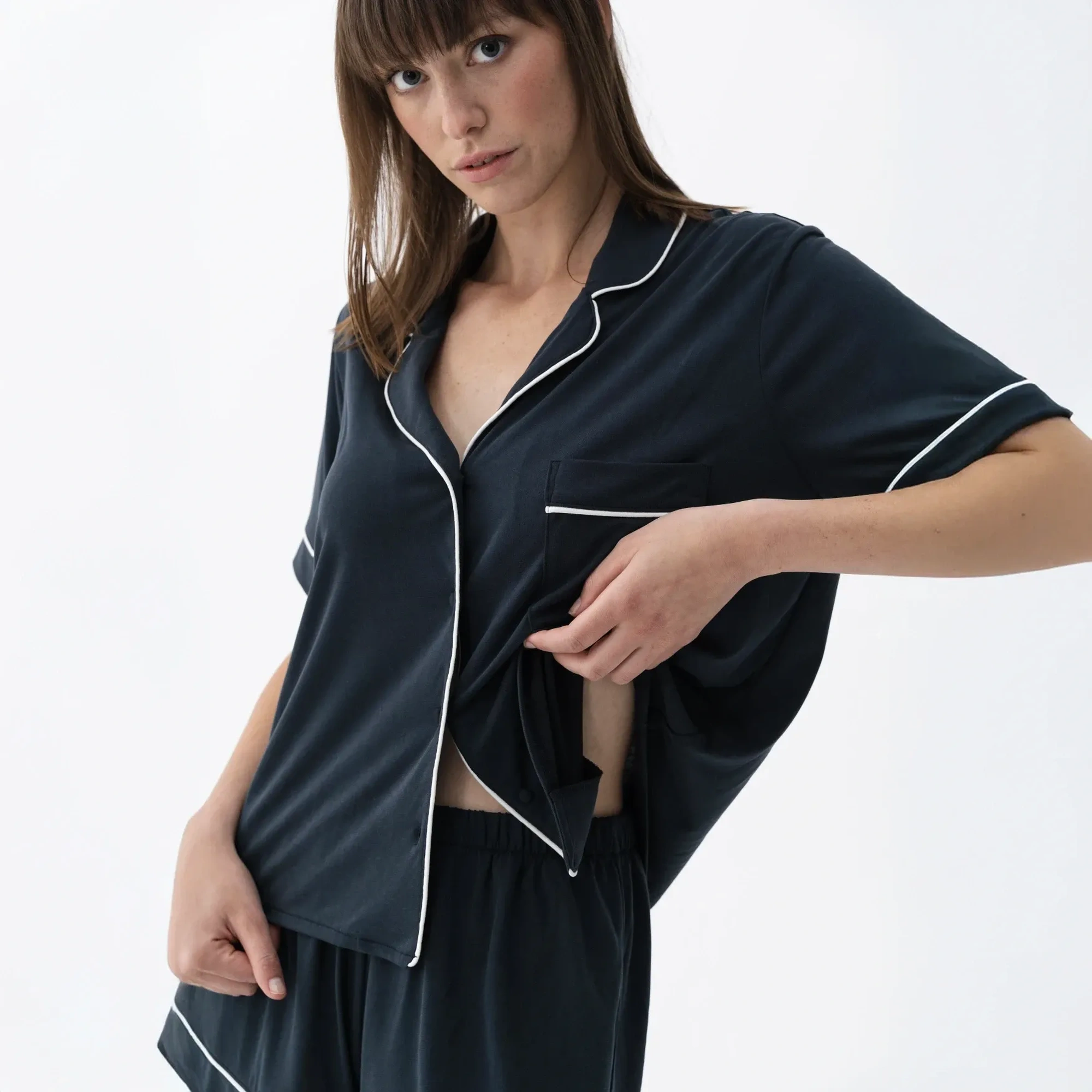 Qua Home Sia Kadın Modal Suprem Biyeli Kısa Kol Gömlek Lacivert