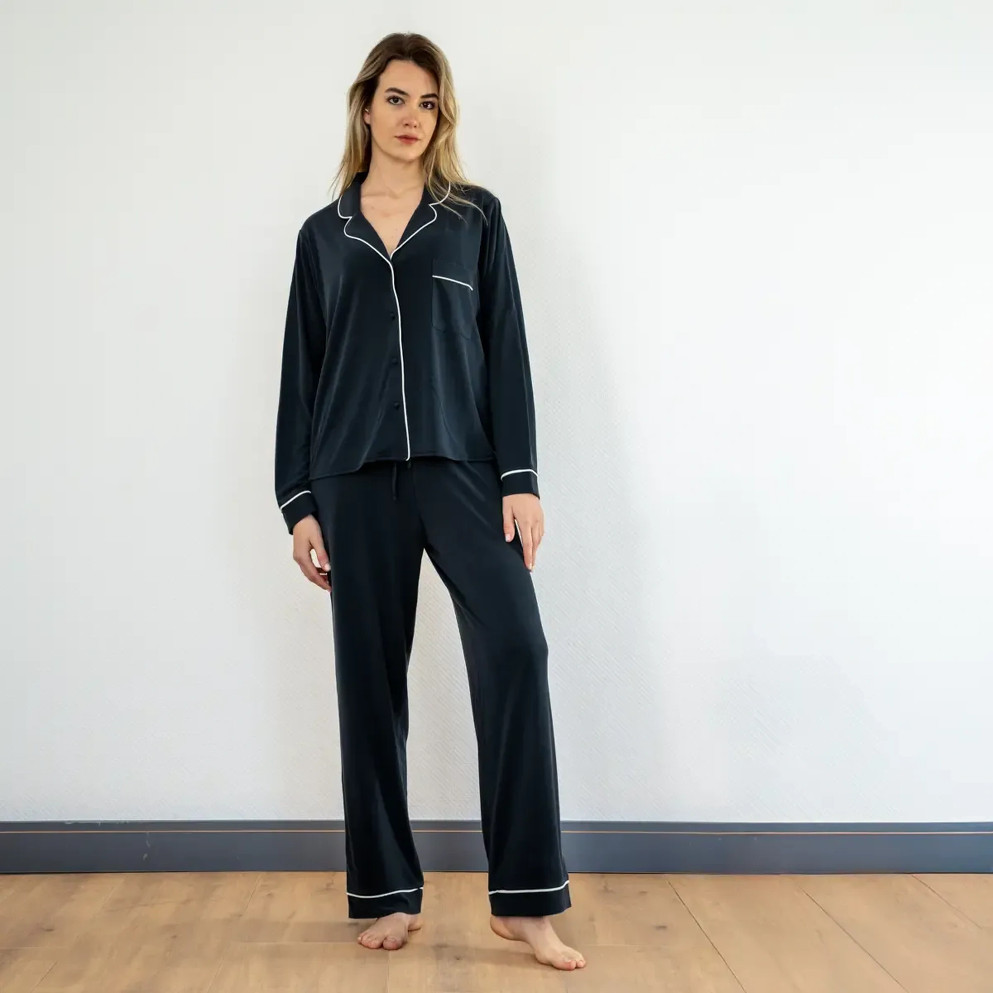 Qua Home Sia Kadın Modal Suprem Biyeli Uzun Kol Gömlek Lacivert