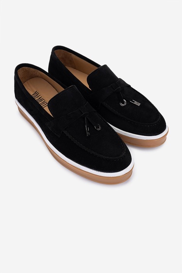  Valmenti Erkek Hakiki Deri Siyah Süet Loafer Ayakkabı