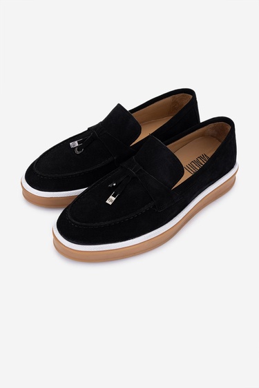  Valmenti Erkek Hakiki Deri Siyah Süet Loafer Ayakkabı
