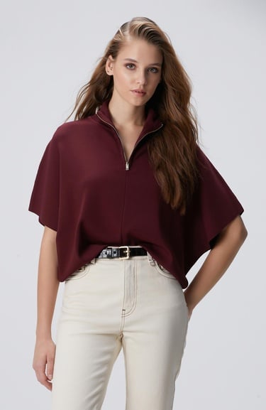  Network Kadın Vişne Bol Form Basic Triko Kazak