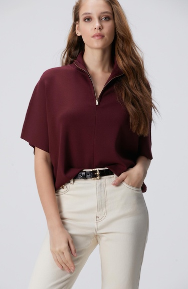  Network Kadın Vişne Bol Form Basic Triko Kazak