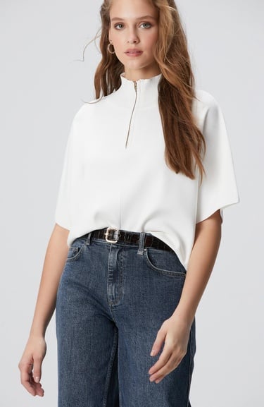  Network Kadın Kırık Beyaz Bol Form Basic Triko Kazak