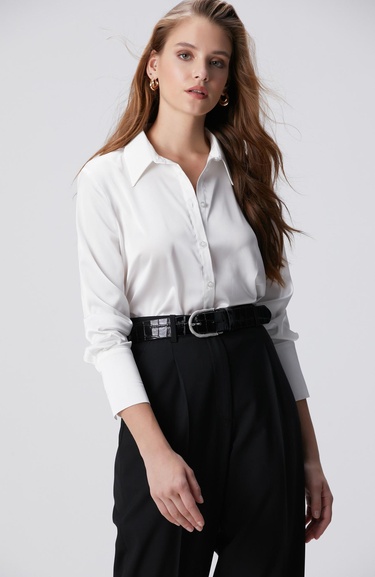  Network Kadın Kırık Beyaz Geniş Manşetli Saten Gömlek