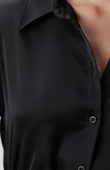  Network Kadın Siyah Geniş Manşetli Saten Gömlek
