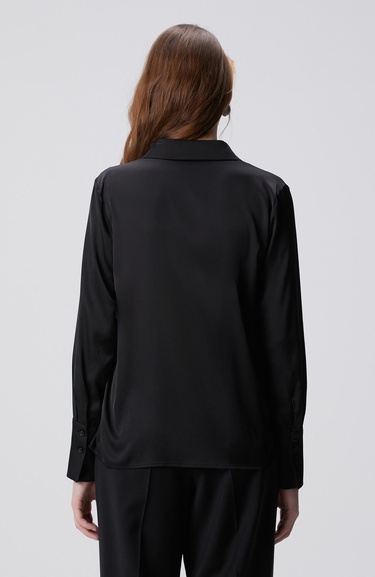  Network Kadın Siyah Geniş Manşetli Saten Gömlek
