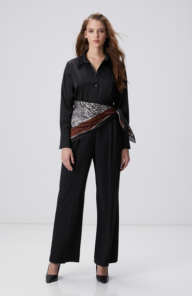  Network Kadın Siyah Geniş Manşetli Saten Gömlek