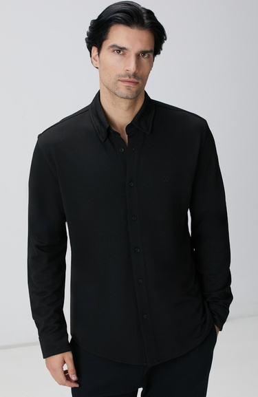  Network Erkek Siyah Uzun Kollu Örme Gömlek