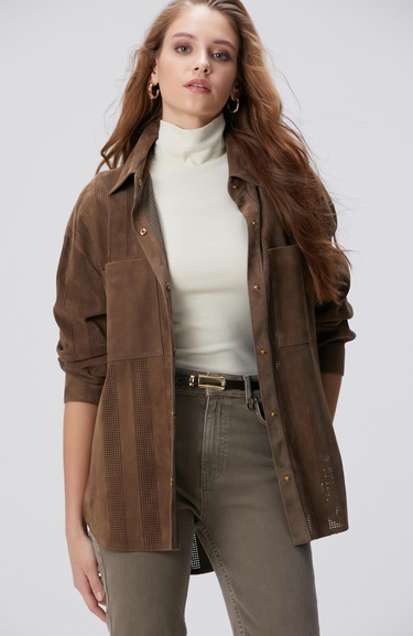  Network Kadın Vizon Desenli Deri Gömlek