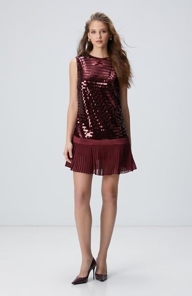  Network Kadın Vişne Payetli Mini Abiye Elbise