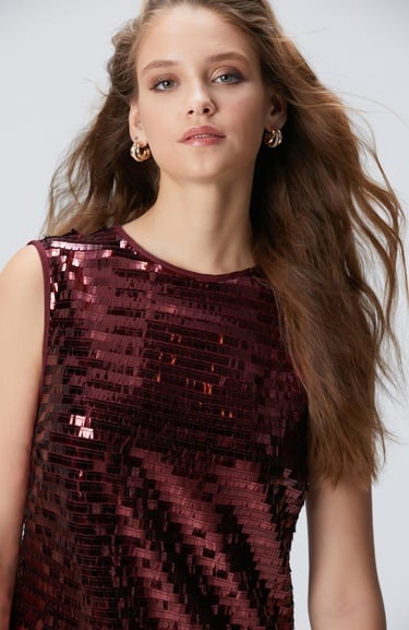  Network Kadın Vişne Payetli Mini Abiye Elbise