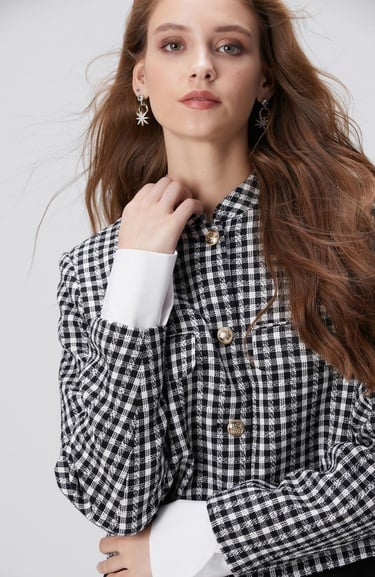  Network Kadın Siyah Beyaz Kazayağı Desenli Ceket