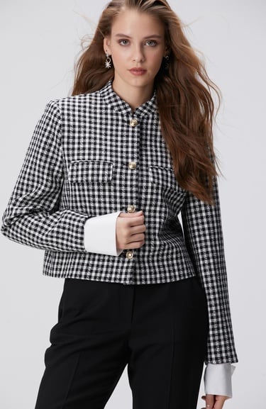  Network Kadın Siyah Beyaz Kazayağı Desenli Ceket