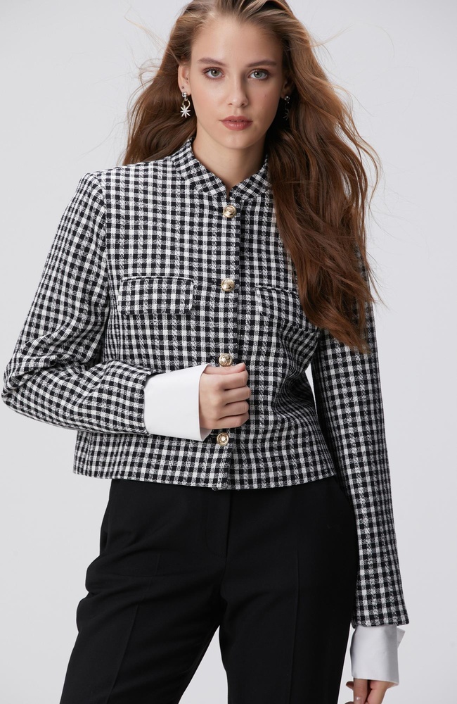  Network Kadın Siyah Beyaz Kazayağı Desenli Ceket