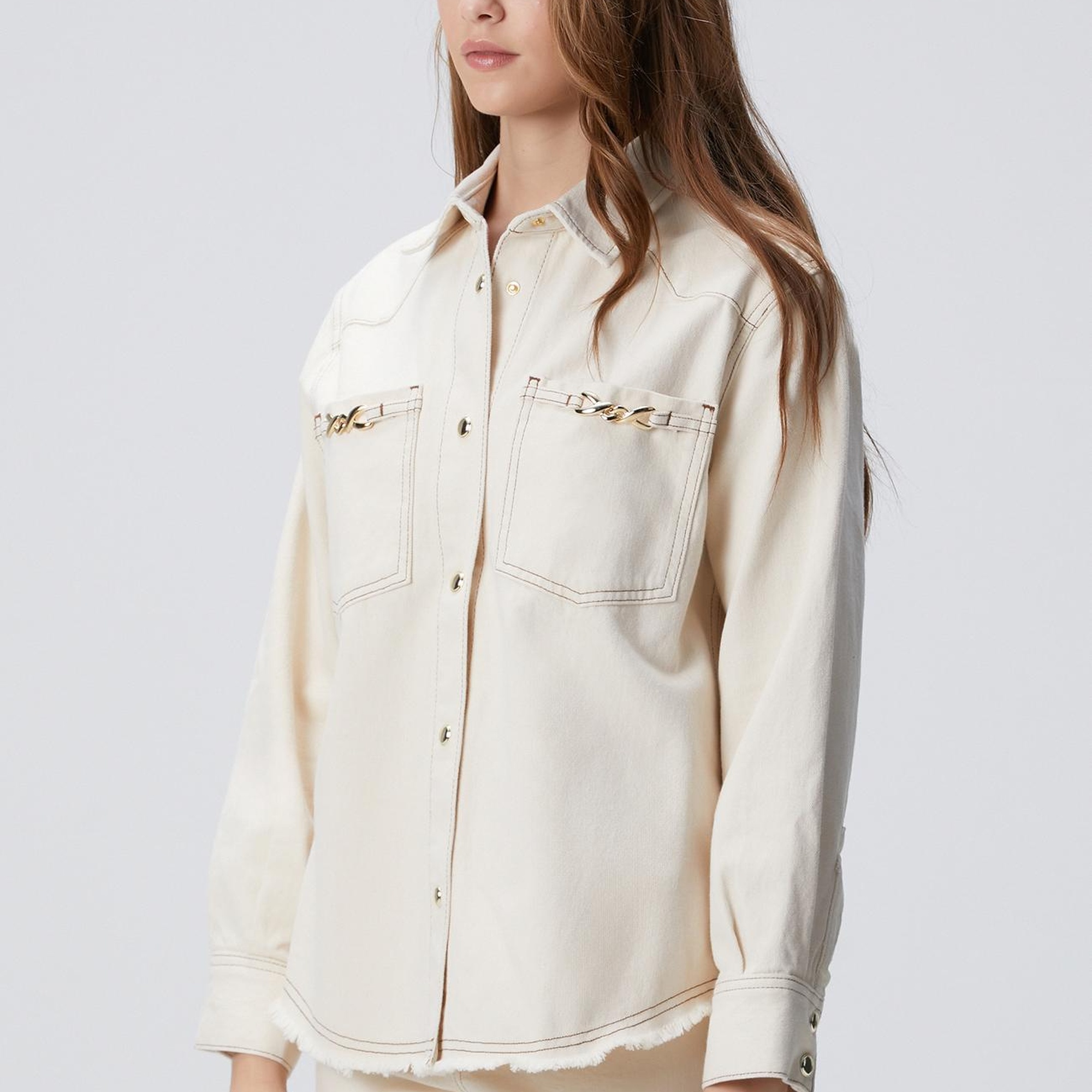 Network Kadın Naturel Aksesuarlı Denim Gömlek