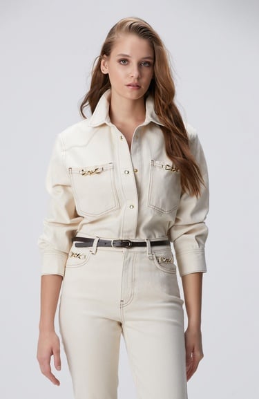  Network Kadın Naturel Aksesuarlı Denim Gömlek