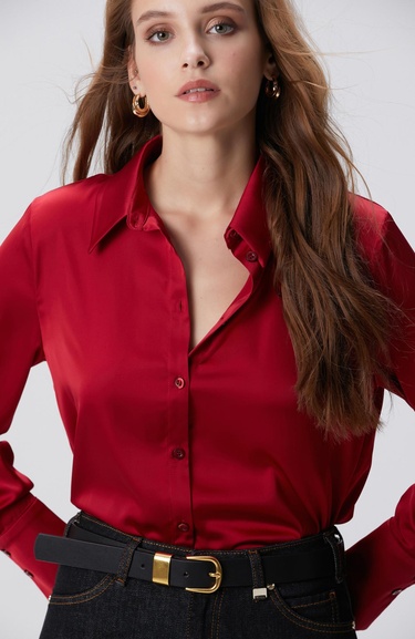  Network Kadın Kırmızı Geniş Manşetli Saten Gömlek