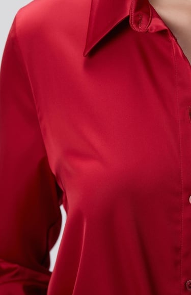  Network Kadın Kırmızı Geniş Manşetli Saten Gömlek