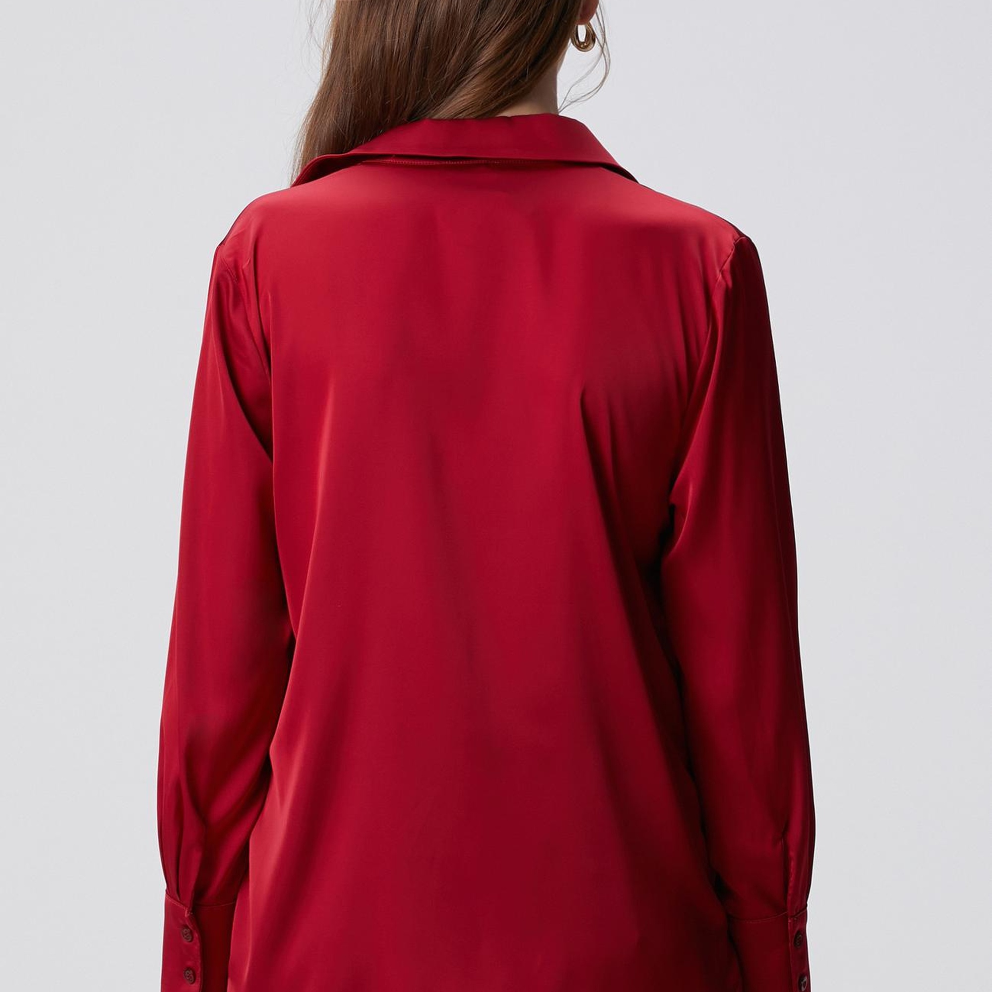 Network Kadın Kırmızı Geniş Manşetli Saten Gömlek