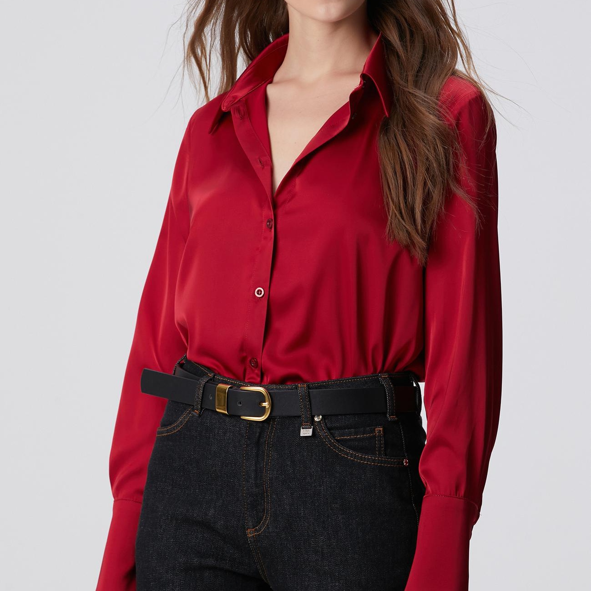 Network Kadın Kırmızı Geniş Manşetli Saten Gömlek