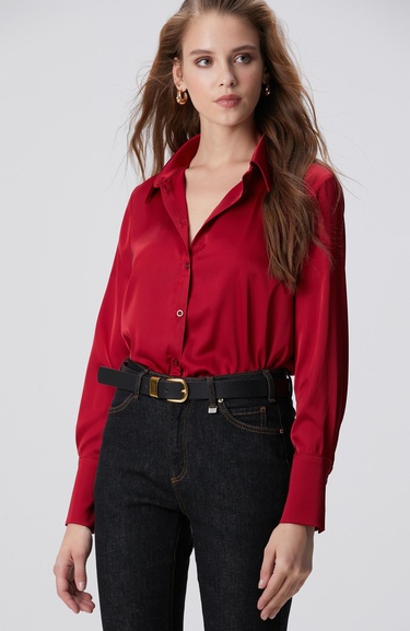  Network Kadın Kırmızı Geniş Manşetli Saten Gömlek