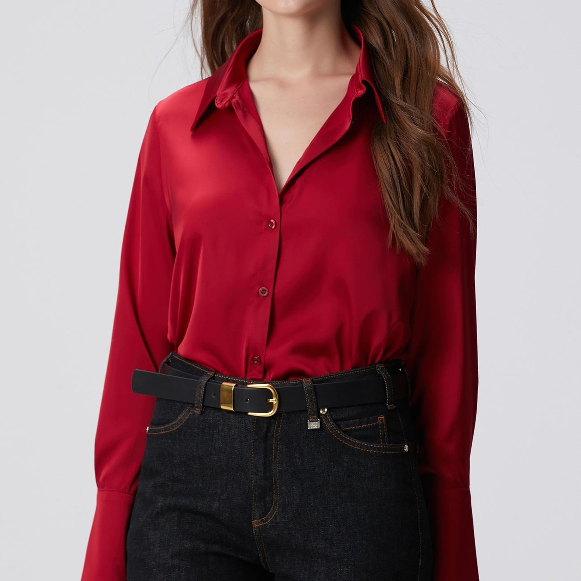 Network Kadın Kırmızı Geniş Manşetli Saten Gömlek