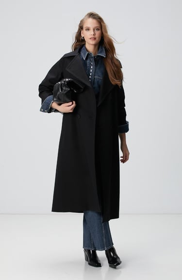  Network Kadın Siyah Kruvaze Trench Coat