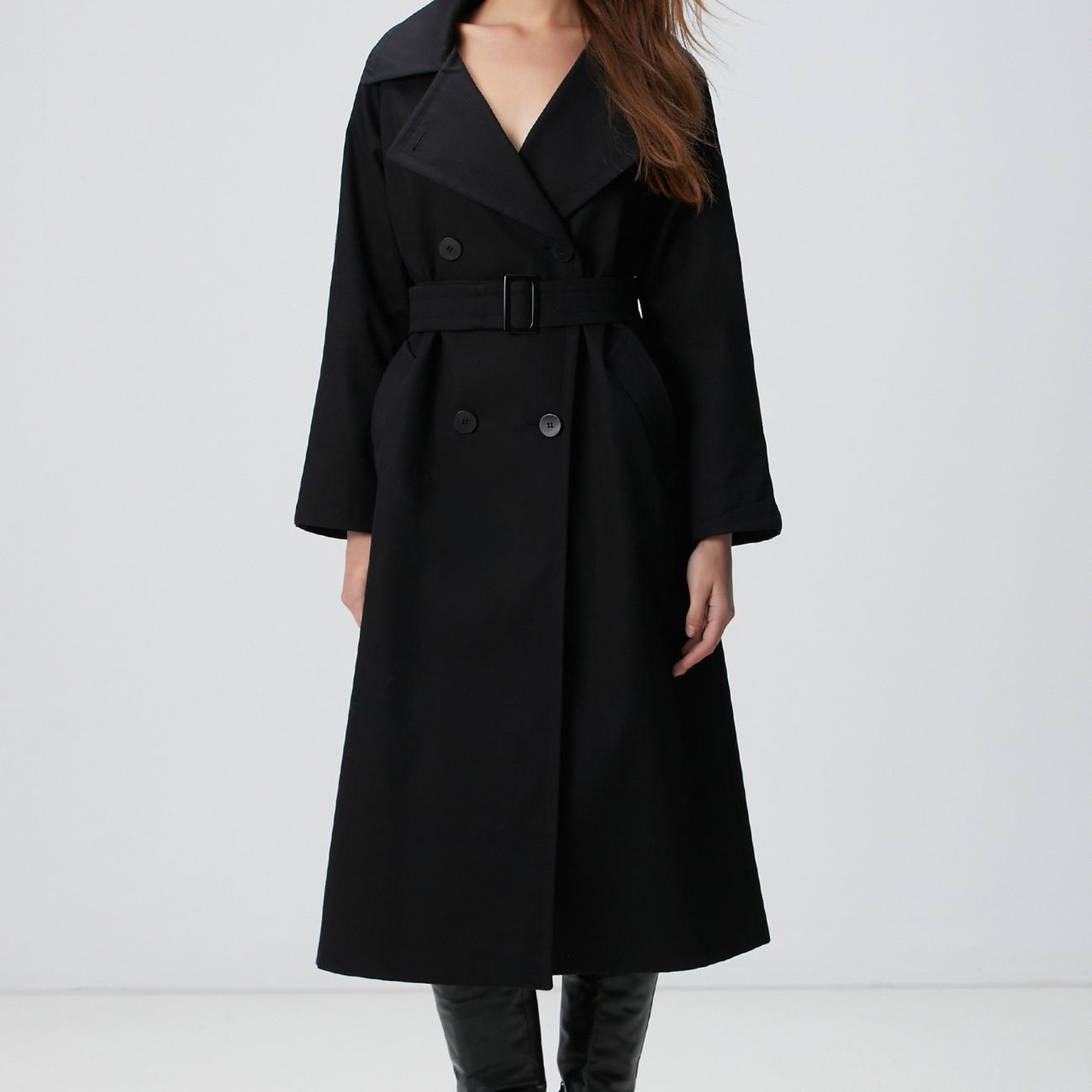 Network Kadın Siyah Kruvaze Trençkot