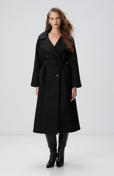  Network Kadın Siyah Kruvaze Trench Coat