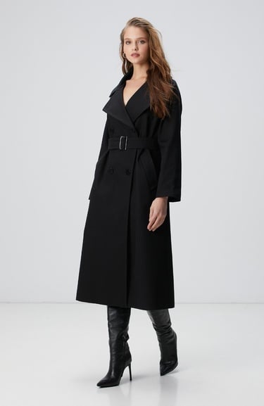  Network Kadın Siyah Kruvaze Trench Coat