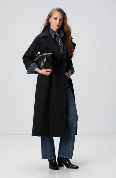  Network Kadın Siyah Kruvaze Trench Coat