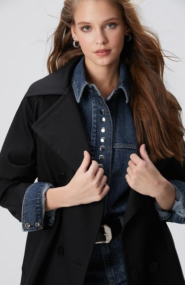  Network Kadın Siyah Kruvaze Trench Coat