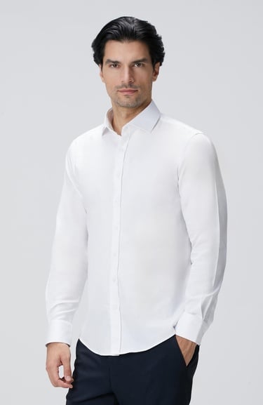  Network Erkek Slim Fit Beyaz Pamuk Saten Gömlek