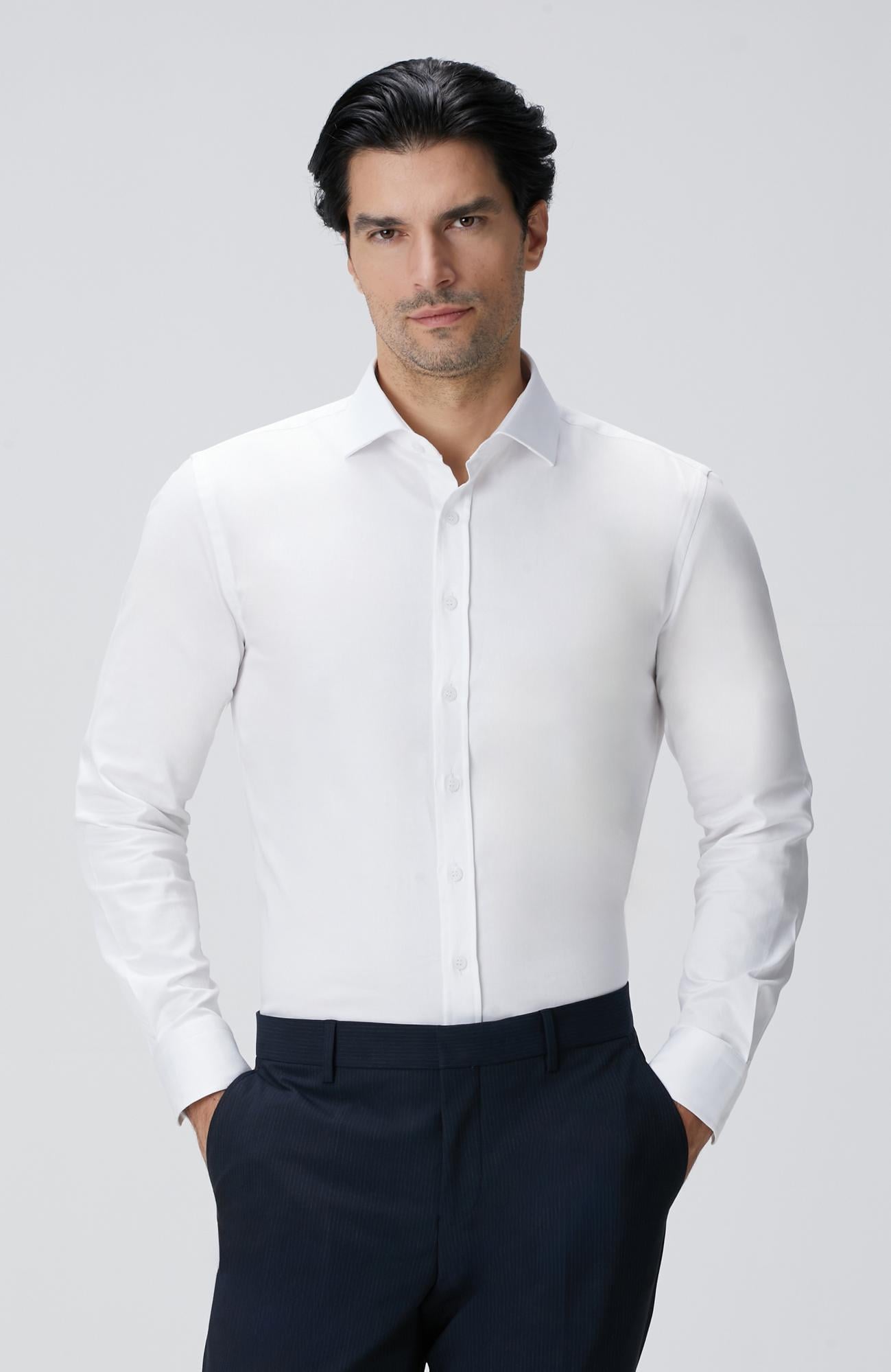  Network Erkek Slim Fit Beyaz Pamuk Saten Gömlek