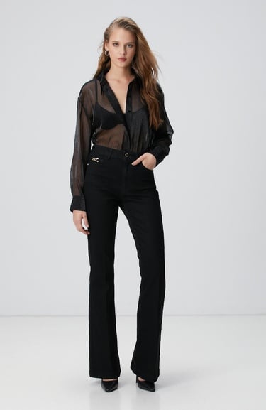  Network Kadın Siyah Cepsiz Taş Baskılı Organze Gömlek