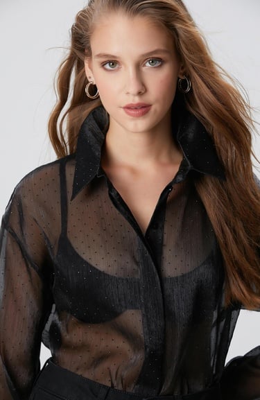  Network Kadın Siyah Cepsiz Taş Baskılı Organze Gömlek