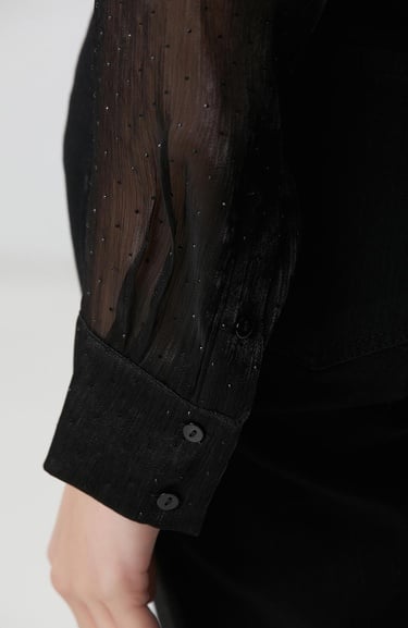  Network Kadın Siyah Cepsiz Taş Baskılı Organze Gömlek