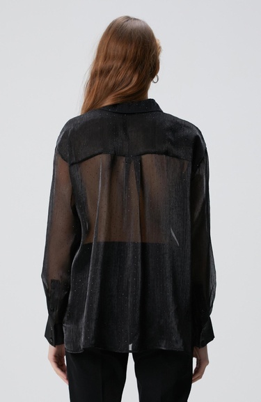  Network Kadın Siyah Cepsiz Taş Baskılı Organze Gömlek