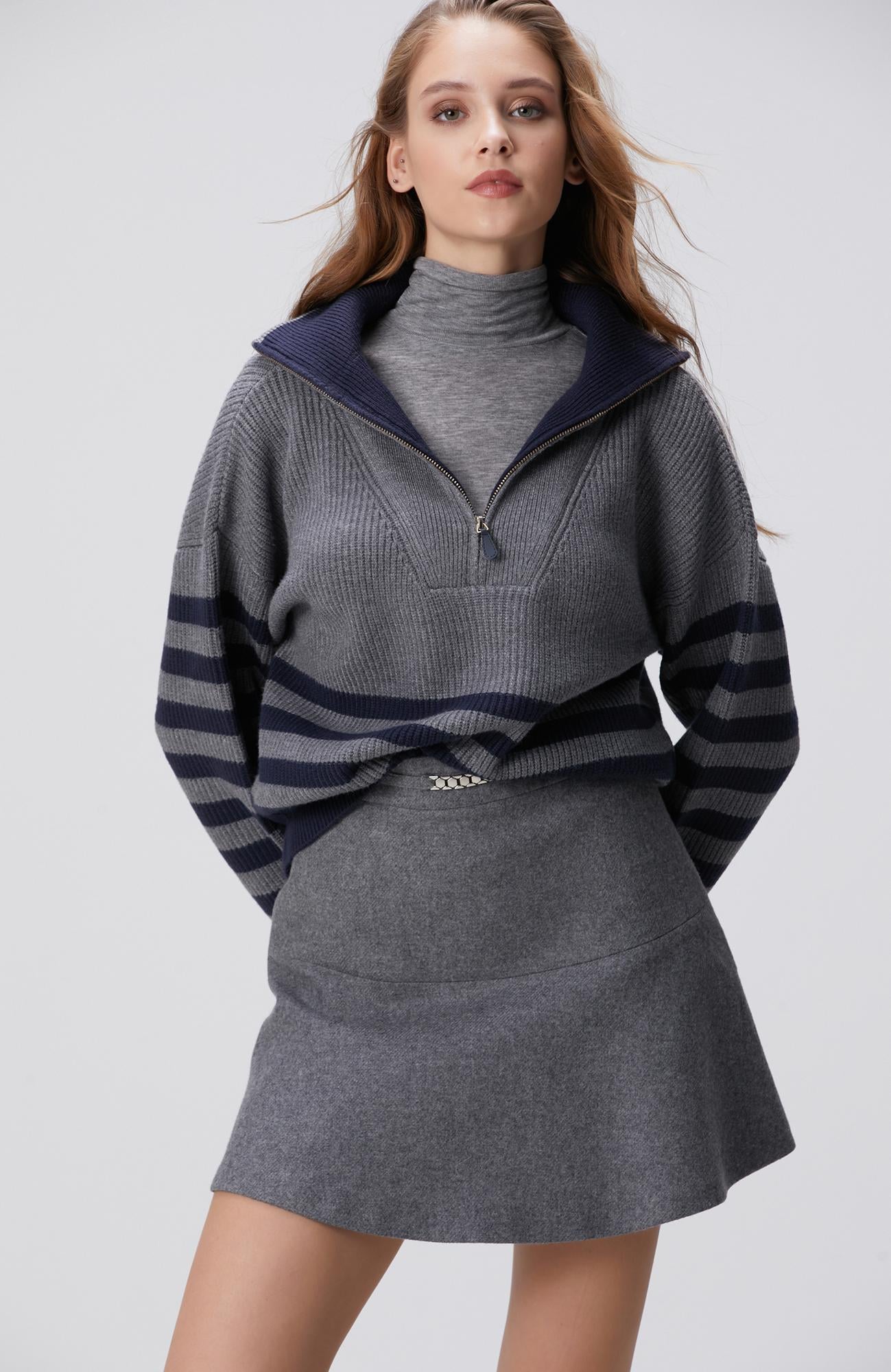  Network Kadın Gri Melanj Lacivert Çizgili Kazak