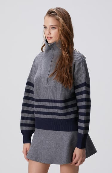  Network Kadın Gri Melanj Lacivert Çizgili Kazak