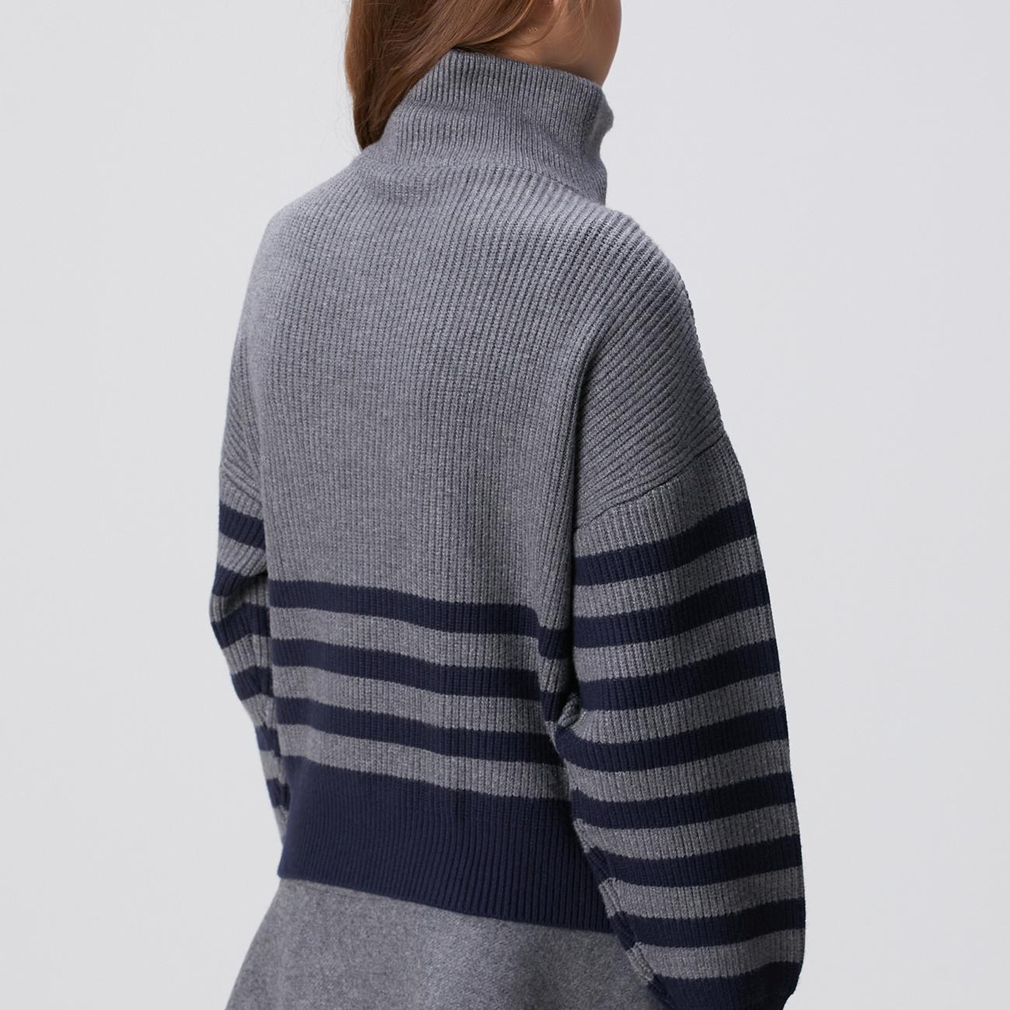 Network Kadın Gri Melanj Lacivert Çizgili Kazak