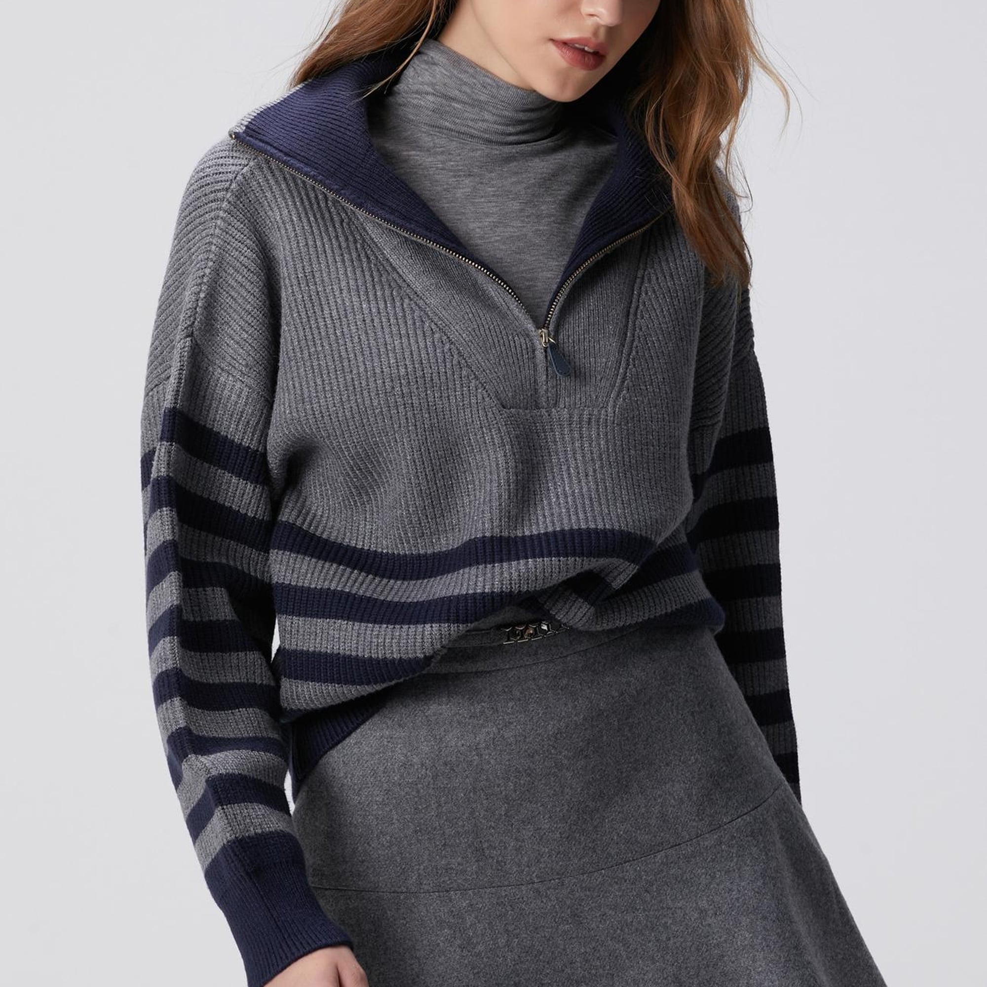 Network Kadın Gri Melanj Lacivert Çizgili Kazak