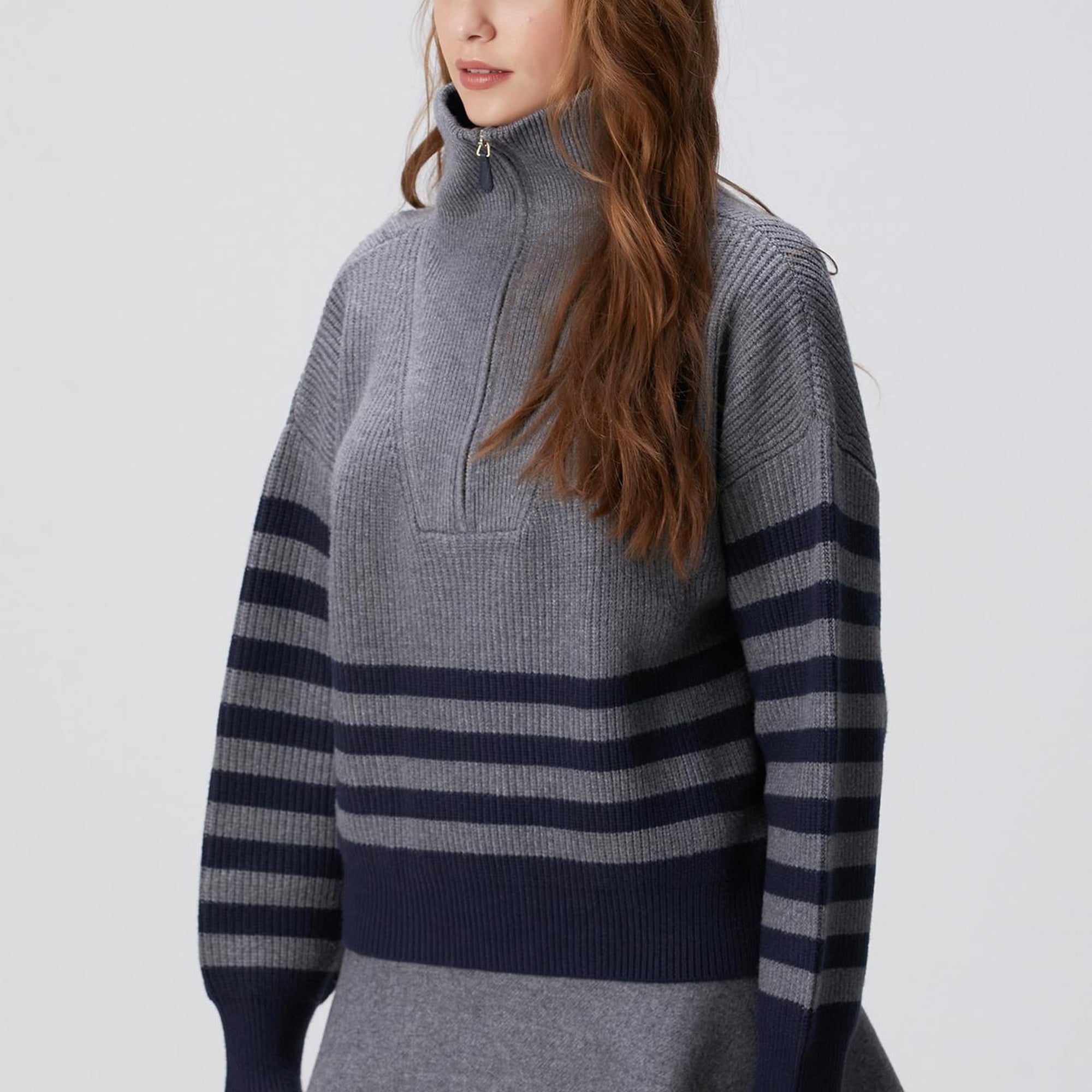 Network Kadın Gri Melanj Lacivert Çizgili Kazak