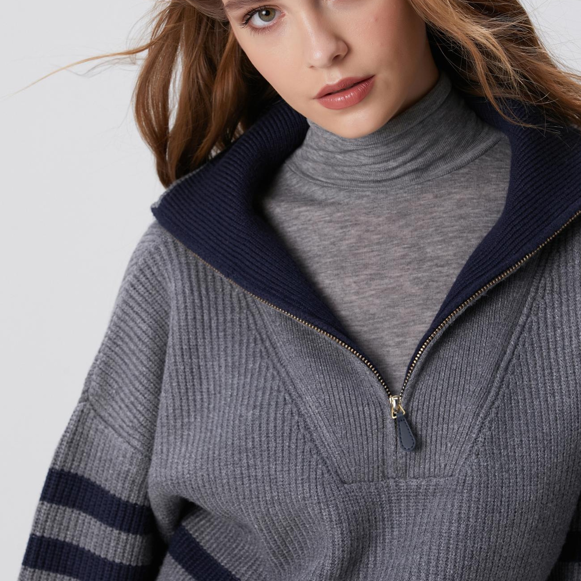 Network Kadın Gri Melanj Lacivert Çizgili Kazak