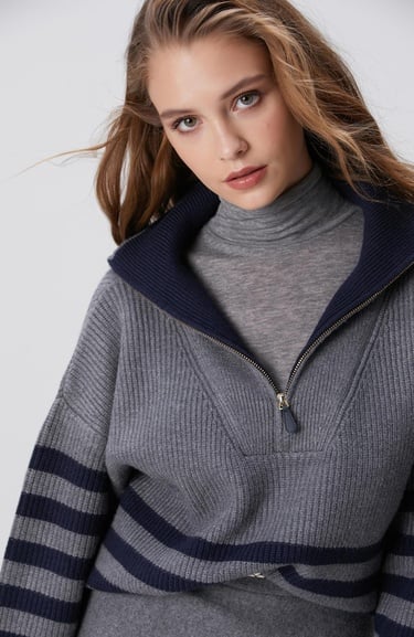  Network Kadın Gri Melanj Lacivert Çizgili Kazak
