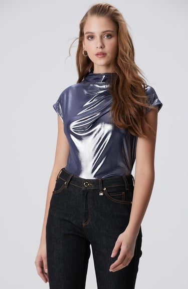  Network Kadın Lacivert Parlak Örme Bluz
