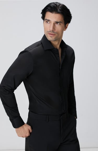  Network Erkek Slim Fit Siyah Pamuk Saten Gömlek