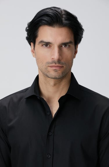  Network Erkek Slim Fit Siyah Pamuk Saten Gömlek