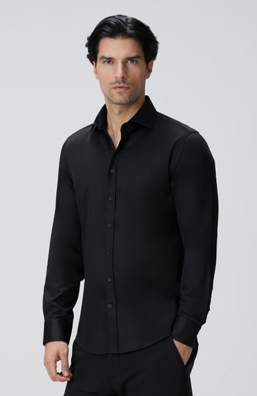  Network Erkek Slim Fit Siyah Pamuk Saten Gömlek