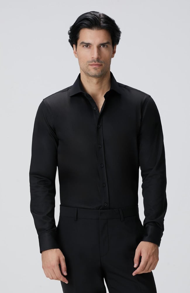  Network Erkek Slim Fit Siyah Pamuk Saten Gömlek